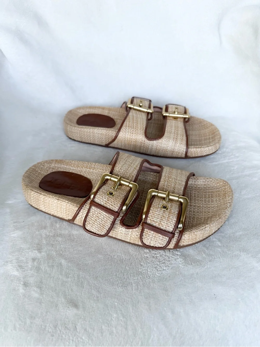 J.Crew Raffia Double Strap Buckle Slide Sandals Leather Womens 6.5Preppy  Resort